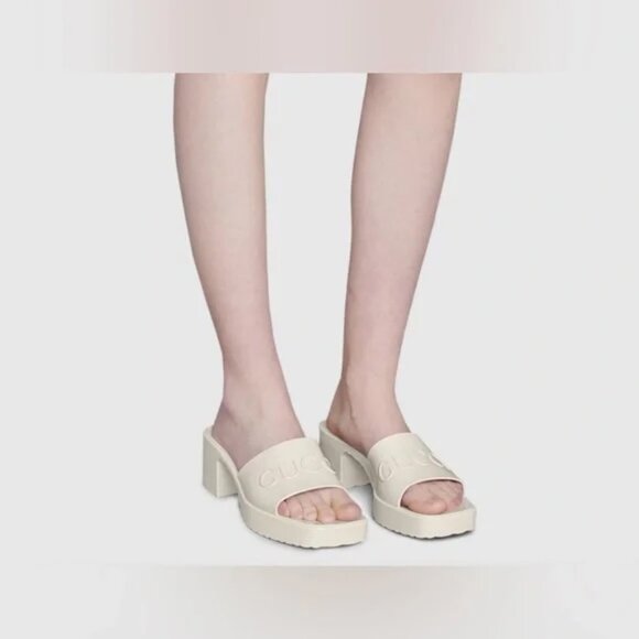 Gucci Double GG Logo Rubber Platform Block Heel Mules Slides Sandals Shoes - Picture 5 of 16